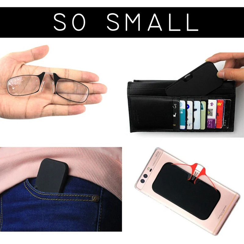 Orrclipes olvasószemüvegek halánték nélkül Férfi Tr90 Focus Plus Hordozható habosított orrszemüvegek Átlátszó szemüvegtok