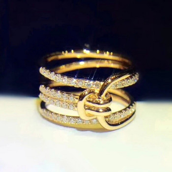 Huitan Creative Knot Design Γυναικεία δαχτυλίδια χρυσό χρώμα ιδιοσυγκρασίας Γυναικείο αξεσουάρ με εκθαμβωτικά κοσμήματα CZ Party Statement