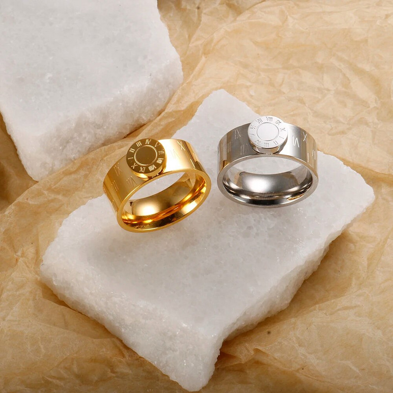 Moderns nerūsējošā tērauda apaļš romiešu cipars, krāsains emaljas gredzens sievietēm, meitene, pāris, apzeltīts gredzens, rotaslietas jauns