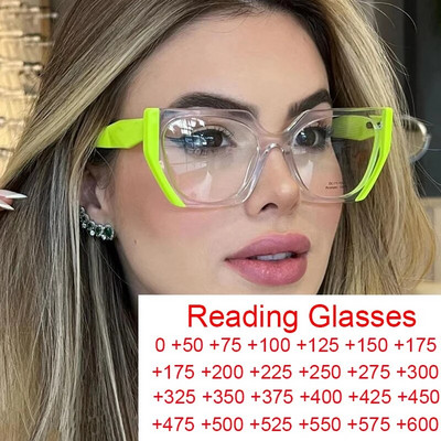 Negabaritinis daugiakampis kvadratas prieš mėlyną šviesą skaitymo akiniai moterims mados dizaineris Spalvų kontrastas TR90 Neoniniai Presbyopia Akiniai