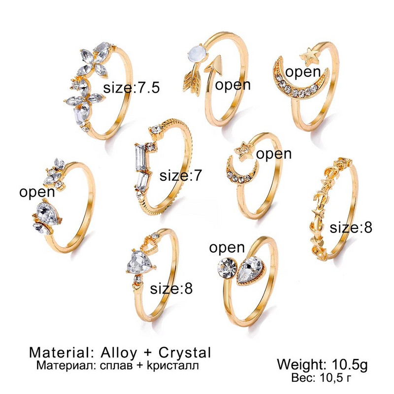 Bohēmijas midi šarnīra gredzenu komplekts sievietēm ar kristāla zvaigznēm Mēness zieds Mīlestības pusmēness ģeometriskā monēta Čūska pirksts retro rotaslietas