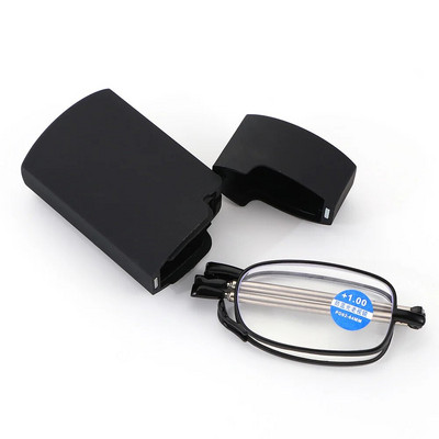 Modes MINI dizaina zilas gaismas necaurlaidīgas lasīšanas brilles vīriešiem sievietēm salokāmas mazas brilles ietvars melns metāla brilles ar oriģinālo kastīti