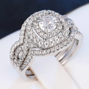 Huitan Gorgeous Sparkling Κυβικά Ζιργκόν Σετ Γυναικεία δαχτυλίδια 2023 Νέα Τάση Αξεσουάρ Γάμου Ασημί Χρώμα Statement Κοσμήματα