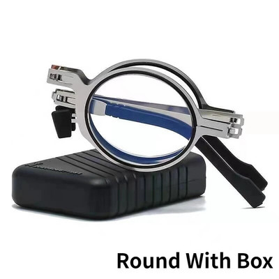 Fém hordozható összecsukható olvasószemüvegek Vintage kerek, négyzet alakú összehajtható presbyopia szemüvegek antikék világos szemüveg tokkal