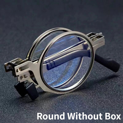 Fém hordozható összecsukható olvasószemüvegek Vintage kerek, négyzet alakú összehajtható presbyopia szemüvegek antikék világos szemüveg tokkal