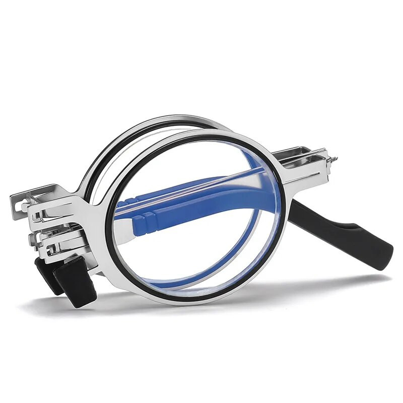 Fém hordozható összecsukható olvasószemüvegek Vintage kerek, négyzet alakú összehajtható presbyopia szemüvegek antikék világos szemüveg tokkal