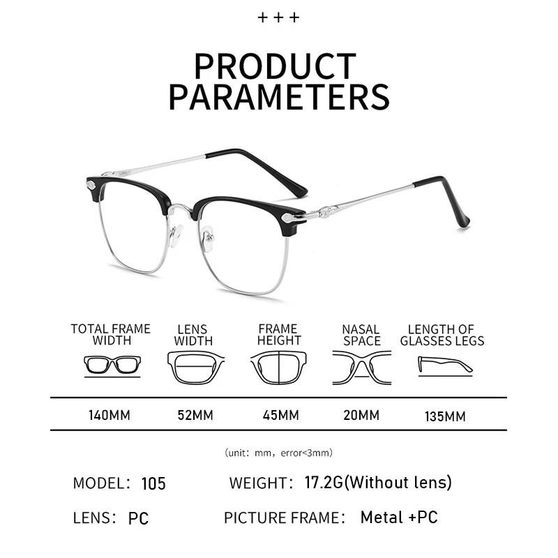 XJiea anti-mėlyni šviesūs akiniai vyrams Madingi pusiau be rėmelių metaliniai moteriški fotochrominiai akiniai Madingi biuro lauko aksesuarai