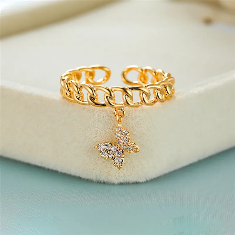 Madingi moteriški balti krištolo papuošalai rožinio aukso sidabro spalvos vestuviniai žiedai moterims mielas drugelis atviras pakabukas sužadėtuvių žiedas