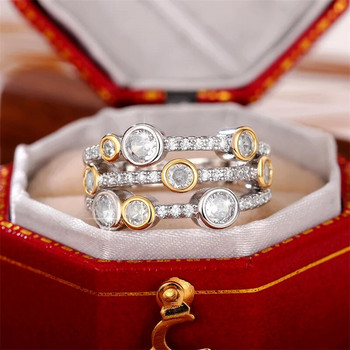 Huitan Personality Two Tone Three Line Rings Women Full Paved CZ Sparkling Female Wedding Bands Rings Modern Fashion New Jewelry