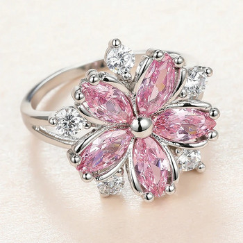 Χαριτωμένο θηλυκό ροζ κρύσταλλο πέτρινο δαχτυλίδι γούρι Ασημί χρώμα Λεπτές βέρες γάμου για γυναίκες Κομψό Δαχτυλίδι αρραβώνων ζιργκόν λουλουδιών νύφης