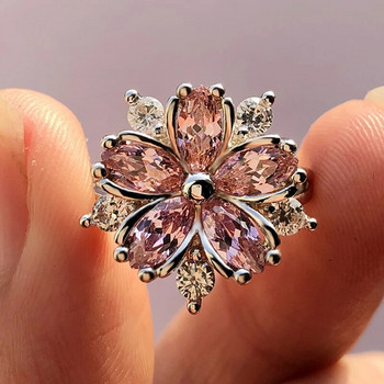 Сладък женски розов пръстен с кристален камък Очарование Сребърен цвят Тънки сватбени пръстени за жени Изящна булка Годежен пръстен с цвете Циркон