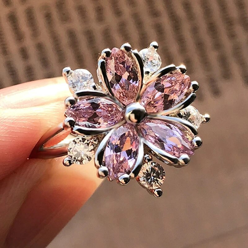 Inel drăguț de piatră de cristal roz pentru femeie, inel de nuntă subțire de culoare argintie, inel de logodnă cu zircon, floare de mireasă delicată