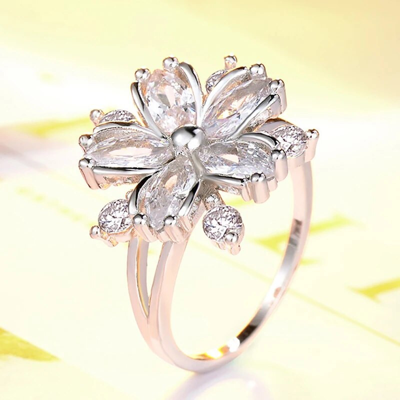 Inel drăguț de piatră de cristal roz pentru femeie, inel de nuntă subțire de culoare argintie, inel de logodnă cu zircon, floare de mireasă delicată