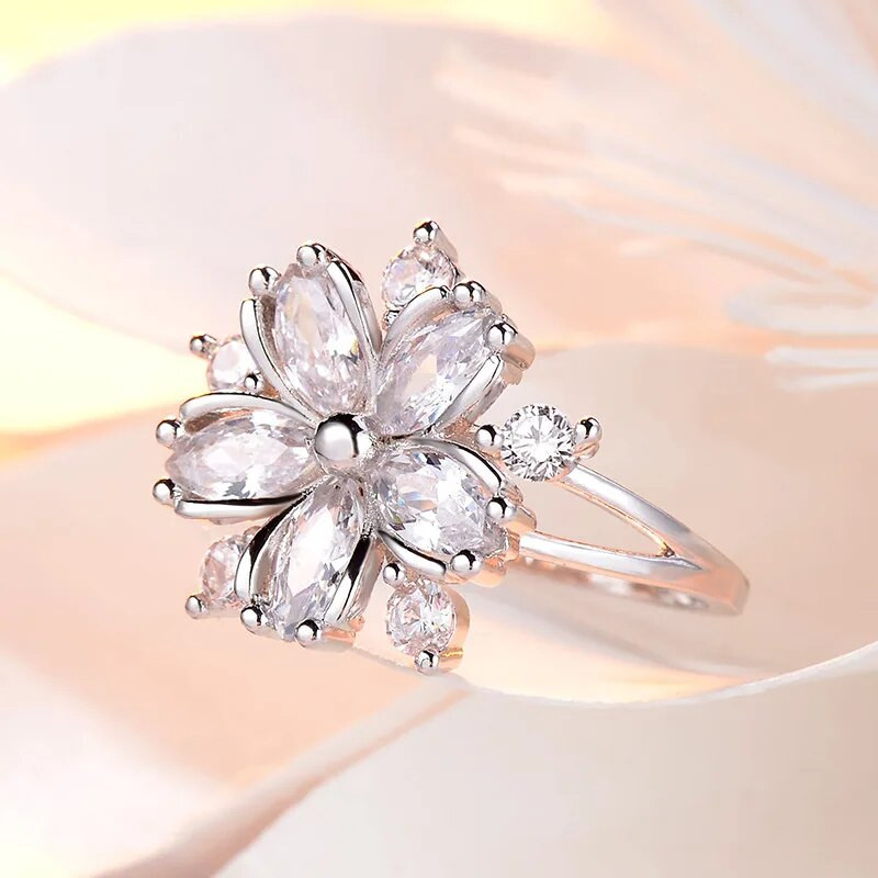 Romantisks un elegants sieviešu gredzens, ķiršu ziedu forma, cirkona gredzens, kāzu gredzens, izsmalcināti ziedi 925 sudraba dāmu rotaslietas