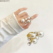 Moderni lielizmēra vairāku pērļu gredzeni sievietēm Sieviešu neregulāra kristāla Rhinestone šarms atvērts gredzens korejiešu kāzu ballīšu rotaslietas