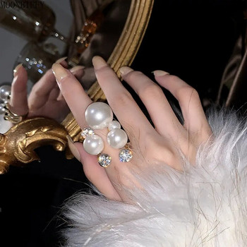 Μοντέρνα υπερμεγέθη δαχτυλίδια με πολλά μαργαριτάρια για γυναίκες Lady Irregular Crystal Rhinestone Charm Ανοιχτό δαχτυλίδι Κορεατικά κοσμήματα γάμου