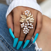 2023. gada jauns Pērļu akmens lielo ziedu locītavu gredzens sievietēm Boho zelta krāsas sakausējums no metāla lapām ballītes rotaslietas dāvana Anillo 17883