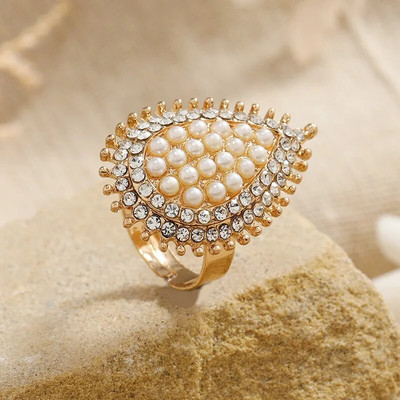 2023 Fashion Big Flower Rings για Γυναικείες Πολυτελές Λευκό CZ Zircon Pearl Party Wedding Female Finger Ring Κομψά ινδικά κοσμήματα