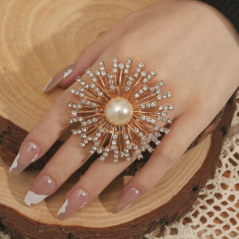 2023 Fashion Big Flower Rings για Γυναικείες Πολυτελές Λευκό CZ Zircon Pearl Party Wedding Female Finger Ring Κομψά ινδικά κοσμήματα