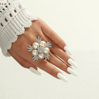Boho ρετρό γυναικεία Big Flower Pearl Finger Ring Vintage Πολυτελές Χρυσό Δαχτυλίδι Micro Zircon Inlay Δαχτυλίδι Μόδα κοσμήματα γάμου