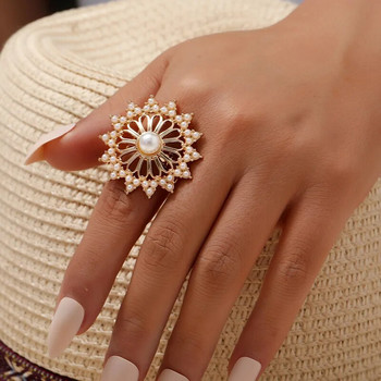 Бохо ретро дамски голям пръстен с перли с цветя и ретро винтидж луксозен златист пръстен с инкрустация с микроциркон Сватбено парти Модни бижута