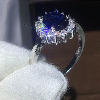 Изискан луксозен сребърен пръстен с инкрустиран син цирконий Булчински годежен прием Сватбен мемориален бижу
