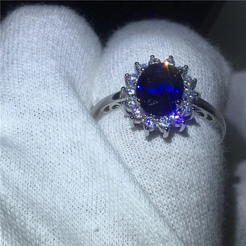 Изискан луксозен сребърен пръстен с инкрустиран син цирконий Булчински годежен прием Сватбен мемориален бижу