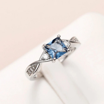 Huitan Луксозни квадратни принцесови пръстени със син кубичен цирконий за жени Темпераментни брачни ленти Аксесоари Висококачествени бижута Нови