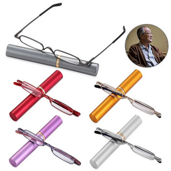 1PC Унисекс компактни мини тънки очила за четене с писалка Метални малки тръбни очила за четене с пружинни панти с преносим калъф с щипка 1.0~4.0