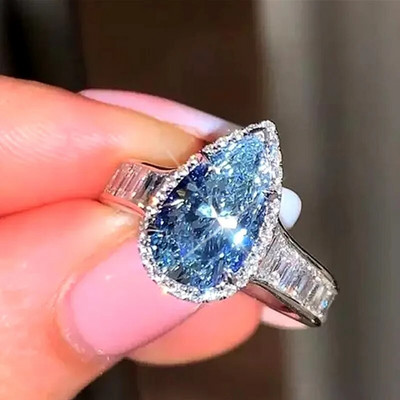 Huitan Personality Blue CZ пръстени с форма на водна капка за жени Елегантни булчински сватбени церемонии Парти бижута Аксесоари