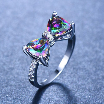 Huitan Personality Многоцветни CZ пръстени с лък за жени Изискана булка Сватбена церемония Парти Пръстен за пръсти Хубав подарък Модни бижута