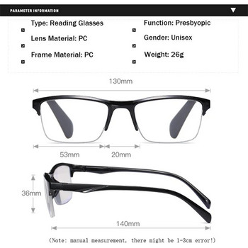Τετράγωνα γυαλιά ανάγνωσης Εξαιρετικά ελαφριά γυαλιά πρεσβυωπίας μισού σκελετού Ανδρικά γυαλιά γυναικεία +0,25 0,5 0,75 1 1,25 1,5 1,75 2 2,25 2,5 2,75 3,0