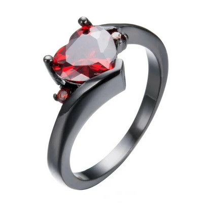 Дамски пръстен с гранат във формата на сърце и циркон с черно позлатено покритие, размер 6-10