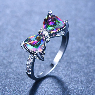 Романтичен лък Цветни австрийски пръстени за жени Висококачествен пръстен от неръждаема стомана 316L Сватба Парти Подарък за рожден ден Бижута
