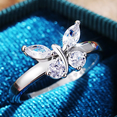 Романтичен пръстен с форма на пеперуда за жени Изискан пръстен от неръждаема стомана с цирконий Годежен сватбен подарък за Свети Валентин Бижута