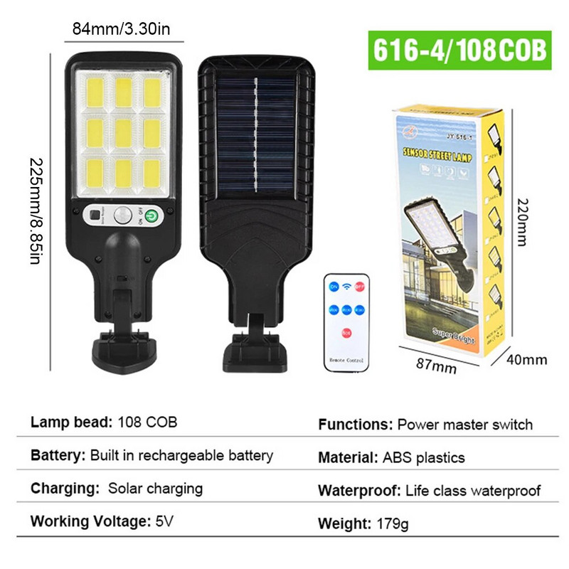 Saulės energija maitinamas LED sieninis prožektorius, vandeniui atsparus judesio jutiklis, lauko sieninė lempa 3 režimų nuotolinio valdymo pultas, skirtas priekinių durų sienai