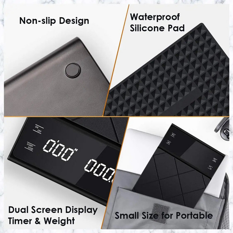 Kavos lašelinės svarstyklės su laikmačiu 3 kg/0,1 g didelio tikslumo užpilamos espreso kavos svarstyklės su apšviestu LCD ekranu