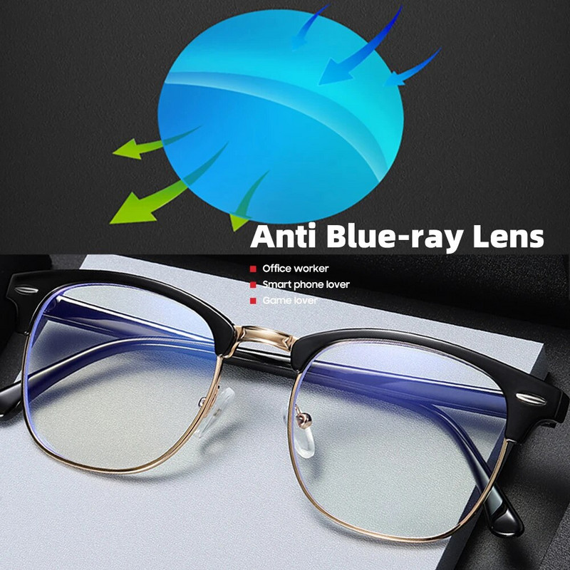 Klasiskas daļēji bezmalas pretzilas gaismas bloķējošas brilles vīriešiem kvadrātveida staru filtru briļļu ietvari Dators sievietēm aizsargbrilles