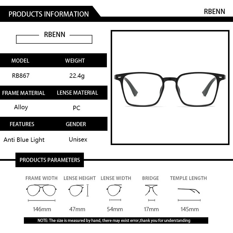 RBENN New Vintage Square Anti Blue Rays Szemüvegek Férfi Női Kék Fényt Blokkoló Számítógépes Játék szemüveg TR90 Optikai Keret UV400