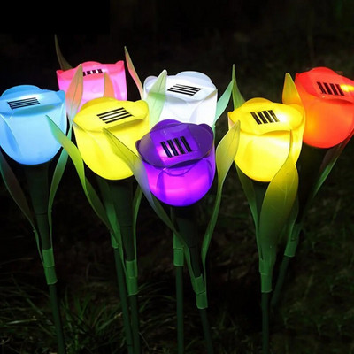 Lumină solară cu LED în aer liber, lampă cu flori de lalele, impermeabilă, țăruș de grădină, lumini de gazon, decor în picioare, pentru curte, decorare de petrecere în aer liber