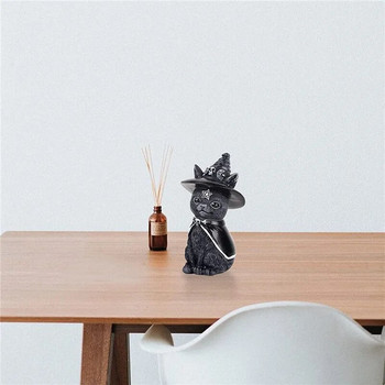 1 τμχ Άγαλμα Μαύρης Γάτας Μυστηριώδης χαριτωμένη γάτα μάγισσα ειδώλιο γάτας μάγισσες Διακοσμητικό στολίδι γραφείου Ζωγραφισμένο στο χέρι γλυπτό για το Χάλοουιν