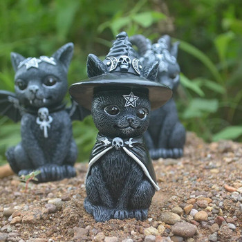 1 бр. Статуя на черна котка Мистериозна сладка котка Вещица Фигурка на котка Вещици Декор Орнамент за бюро Ръчно рисувана скулптура за Хелоуин