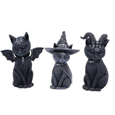 Statuie pisică neagră misterioasă, drăguță, pisică, vrăjitoare, pisică, figurină, decor de vrăjitoare, ornament de birou, sculptură pictată manual pentru Halloween