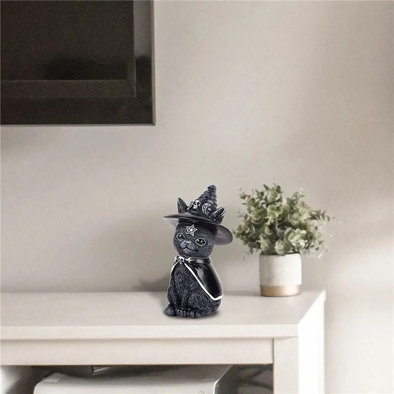 1 gab Melna kaķa statuja Noslēpumaina, jauka kaķa ragana kaķa figūriņa Raganas dekors rakstāmgalda ornaments ar rokām apgleznota skulptūra Helovīnam