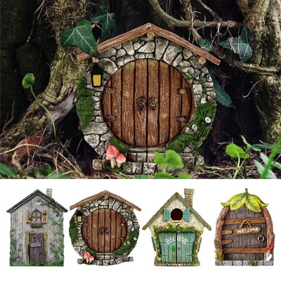 Gravírozott design fából készült miniatűr tündér törpe tündér ajtó ablakok ajtó figurák gyep dísz Kerti dekoráció kültéri gyerek ajándék