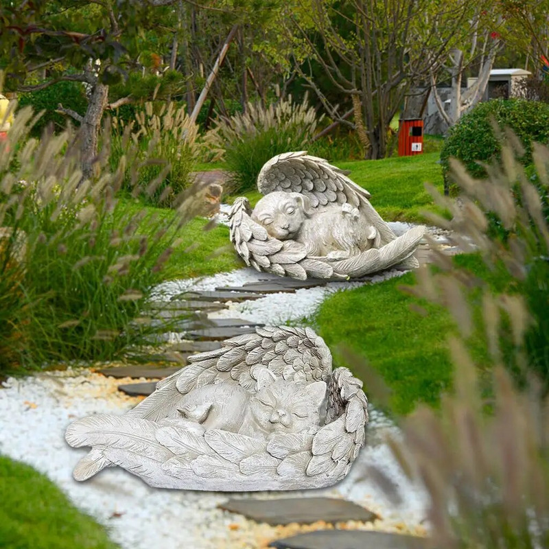 Rankų darbo 12 cm miegančios dervos šuns / katės angelo statulos skulptūros