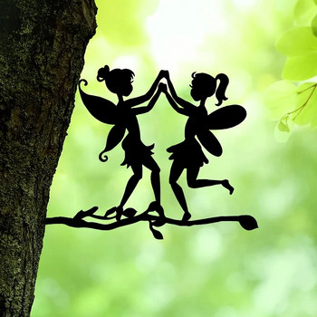 Προσθέστε μια μαγική πινελιά στον κήπο σας με αυτό το Two Elves On Branch Steel Silhouette Μεταλλική διακόσμηση τοίχου για Garden Party