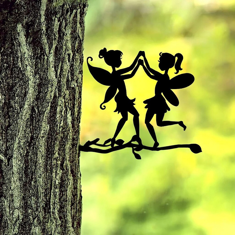 Pievienojiet savam dārzam maģisku pieskārienu ar šo divu elfu tērauda silueta metāla sienas mākslas rotājumu dārza ballītei