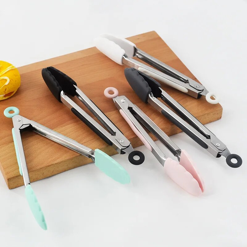 7 hüvelykes szilikon élelmiszerfogó rozsdamentes acél konyhai fogó szilikon csúszásmentes főzőcsipesz BBQ saláta eszközök Grill konyhai készlet