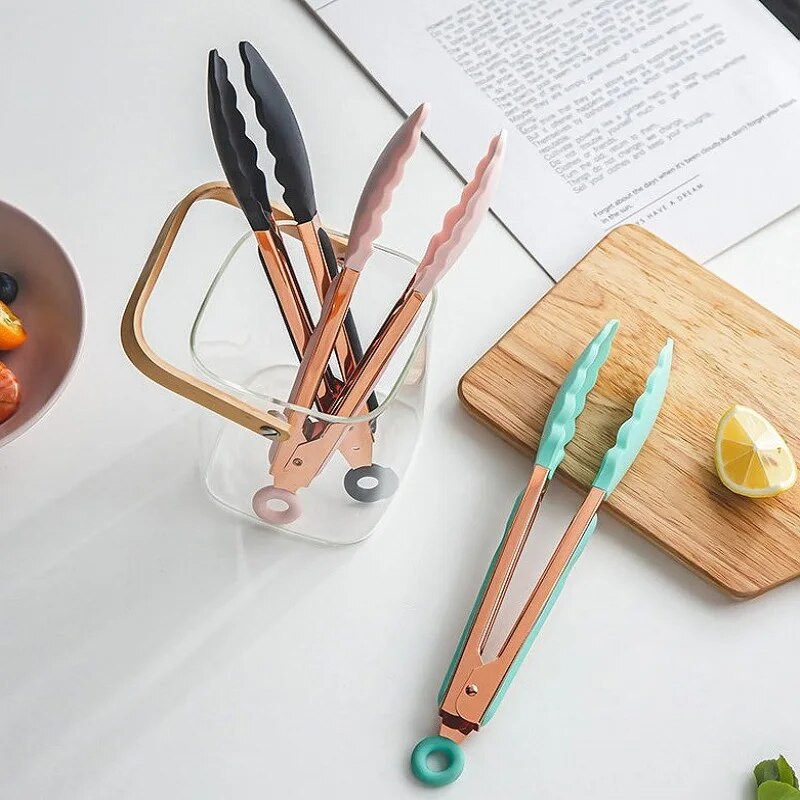 7 hüvelykes szilikon élelmiszerfogó rozsdamentes acél konyhai fogó szilikon csúszásmentes főzőcsipesz BBQ saláta eszközök Grill konyhai készlet